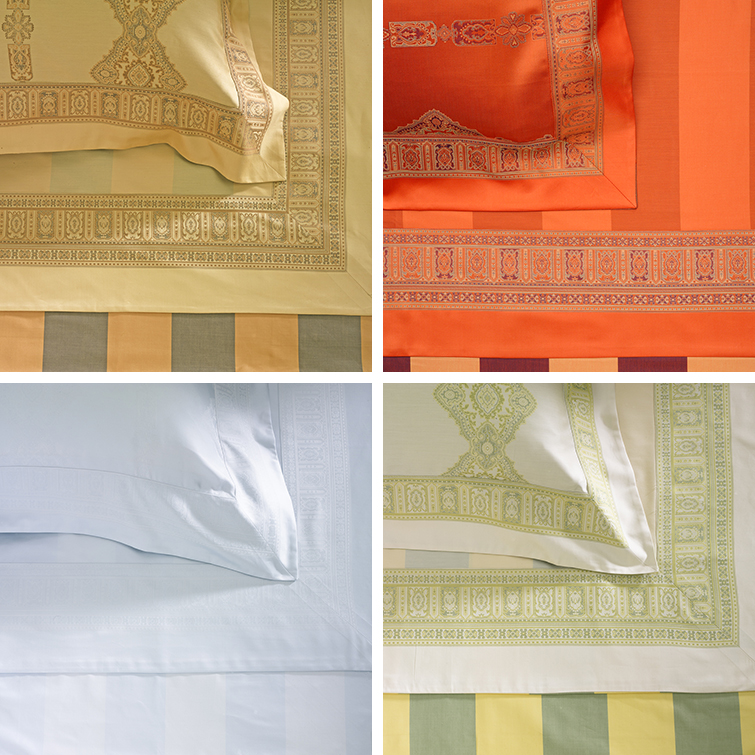 Persia sheets in camel, orange, spaqua, and green
